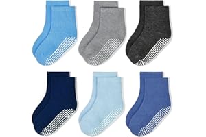 GRPSKCOS Kids Toddler Socks with Grip, 6 Pairs Non Slip Anti Skid Walking Crew Socks With Grippers for Children Boys Girls 1-7 Years