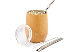 BALIBETOV Zestaw Nowoczesny Kubek Mate i Bombilla (Kubek Yerba Mate) - Zestaw Yerba Mate Zawiera Dwuścienny Kubek Mate Ze Stali Nierdzewnej, Dwie Bombilla Mate (Słomka) i Szczotka do Czyszczenia (Drewno Dębowe, 355 ml)