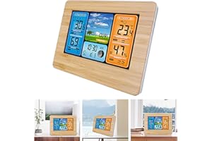 ALLOMN Estación Meteorológica Inalámbrica con Sensor para Interiores y Exteriores, Estación Meteorológica Digital con Alerta/Pronóstico/Fase Lunar/Despertador para Hogar Oficina Jardín (RF Amarillo)