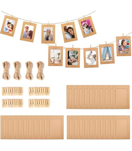 40 Cadres Photo En Papier Kraft + 40 Pinces En Bois + 4 Cordes De Chanvre - DIY Mur De Photos Créatif - Format 15,2x11,5 Cm