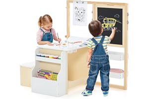 COSTWAY Set 3 in 1 Tavolo e Sedie per Bambini 3+ Anni, Tavolo in Legno Sicuro con Lavagna Cancellabile, Magnetica, Cavalletto Regolabile, Libreria e Accessori Artistici, Ideale per Disegno (Bianco)