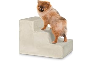 Scaletta per animali Juskys, 36 cm, a 3 gradini con peluche lavabile, per cani e gatti, ideale per letto, divano, sofà e auto - Rivestimento beige