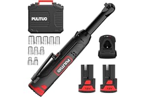 PULITUO 12V 3/8" Long Neck Electric Ratchet Wrench, 40Ft-lbs Extended Cordless Ratchet Wrench Kit with 2x2.0Ah Batteries & Fast Charge, 300RPM Variable Speed Ratcheting Wrench with 10 Sockets