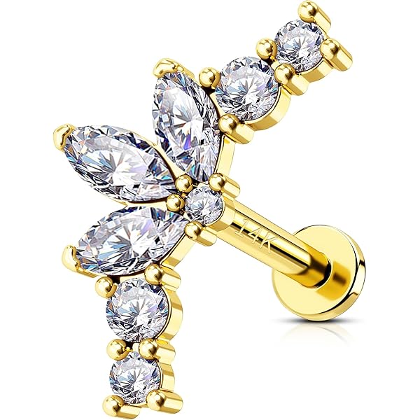 OUFER Orecchino per cartilagine in oro massiccio 16G 14 K con cuore trasparente CZ Rook Piercing curvo bilanciere Daith Trago orecchino