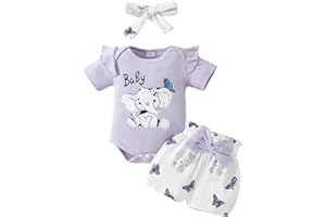 JiAmy Conjuntos de Verano para Recien Nacido 3 Piezas, Bebés Niña Monos Animal Impreso Manga Corta con Volantes Bordado Patrón Pantalones Cortos con Diadema 0-18 Meses