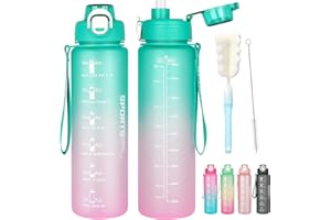 AOHAN Gourde Paille 1l, Bouteille d'eau Sans BPA, Motivation Gourde Sport avec Marquages de Temps, Bouteille Résistant aux Fuites Pour La Gym, L'École, Le Cyclisme