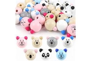 Rierousy 30 Stück Holzperlen mit Gesicht für Sorgenwurm, Holzkugeln 20mm, Holzkugeln mit Loch, Holzperlen Natur DIY Basteln Zur Herstellung von Quasten, Halsketten, Armbändern