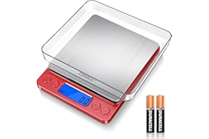 CHWARES Balance de cuisine numérique, 3000g/0.1g, mini balance de cuisine électrique, balance numérique étanche, écran LCD, en acier inoxydable, pour les ingrédients, café, Rouge