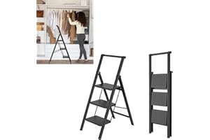 SAILUN Folding Step Ladder, 3-Step, With Handrail, Steel Construction, Non-Slip Rubber Mats, Widened Steps, 250KG Load Capacity, Suitable for Home, Office, Garage, Black
