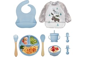 OSKUGLIN Baby Kinderteller Sets, Silikon Baby Geschirrset Kindergeschirr mit Saugnapf,Rutschfest Silikon Geschirr Sets Rutschfest Babyteller Schüssel Lätzchen Löffel Gabel Kindergeschirr (9 Stück-Blau)