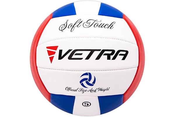 Vetra Volley-Ball Doux Toucher Ballon de Volleyball Officiel Taille 5 Extérieur Intérieur Plage Salle de Sport Jeu Balle New (Bleu /Rouge/Blanc, Officiel)