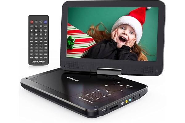 DBPOWER Lecteur DVD portable de 12" avec batterie rechargeable de 5 heures, écran d'affichage pivotant de 10", fente pour carte SD et port USB, avec chargeur de voiture de 1,8 m et adaptateur