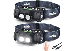 UNBON Linterna Frontal LED Recargable USB C, 2 Piezas Linterna Cabeza LED Alta Potencia con 3 Modos de Luz, Sensor Movimiento y Base Magnética, Luz Frontal Cabeza Potente Recargable Impermeable IPX4