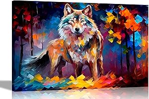 Artley Prints - Silver Wolf in Forest Colourful Wall Art Pictures Canvas for Living Room, Bedroom, Hallway | Framed Oil Painting Re-print Large 76 x 50cm (30 x 20 inches)