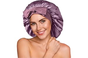 Umisleep Gorro de Dormir de 22 mommes, 100% Seda de Morera, Gorro de Noche Suave de Doble Cara para Cabello Rizado, Transpirable, Banda Ancha Ajustable para fijación a la Cabeza, Color Morado, Morado