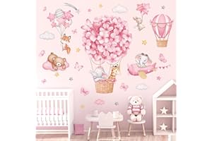 wondever Adesivi Murali Bambini Mongolfiera Rosa Animali Sticker da Muro Palloncini Fiori Elefante Giraffa Aereo Orso Adesivi da Parete per Camere Ragazze Asilo Nido Camerette Bambini