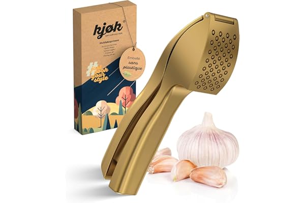 kjøk Premium Presse-ail en alliage de zinc finition or mat - Hachoir à ail professionnelle, lave-vaisselle - Presse ail de cuisine pratique et stylée - Garlic Pro Press facile à nettoyer