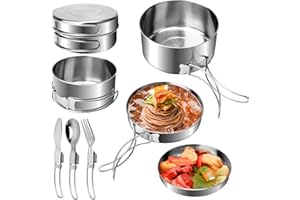 NAEBRO 7 szt. Przenośny kempingowy zestaw naczyń kuchennych, zestaw garnków i patelni ze stali nierdzewnej do układania w stosy dla 1-2 osób ze składanymi sztućcami na kemping wycieczkę/piesze