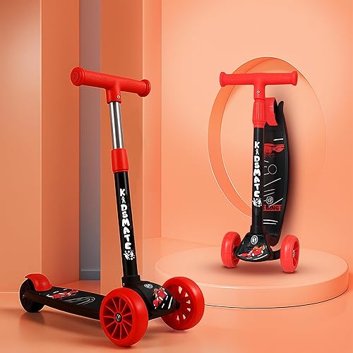 Kidsmate Cruiser Kick Scooter for Kids with Broad Wheels | 3-Wheel Skate Scooter for Boys & Girls of Ages 2-12 Years | Level Adjustable Height, and Easy Fold Design Scooter for Kids (Black)