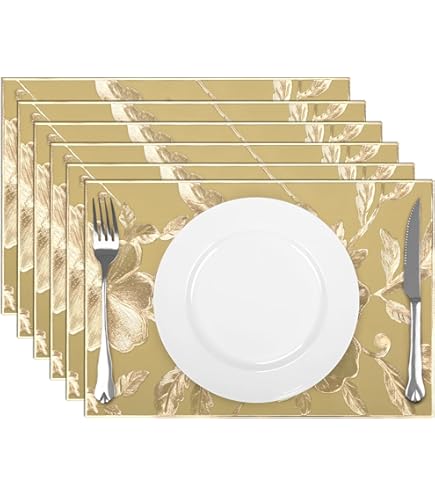 fanquare Tappetini da Tavolo Dorati Set di 6 Tovagliette Rotonde Tovagliette a foglia in PVC Tovagliette Antiscivolo Lavabili Resistenti al Calore per Sala da Pranzo Cucina Matrimonio 38cm