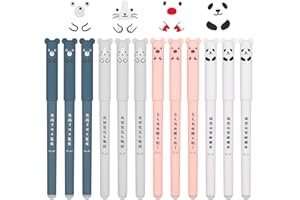 Auidy_6TXD 12 Pcs Erasable Rollerball Pens, 0.35mm Friction Pens with Cartoon Cat Pig Bear Panda Animal Black Gel Ink Pen, Erasable Gel Pen for Student Gift Stationery Office Supplies