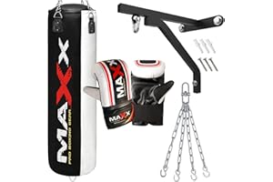 MAXX PRO BOXING GEAR Maxx Black and White 3ft 4ft 5ft 6ft Filled Hanging Boxing Punch Bag Set Heavy Punching bag