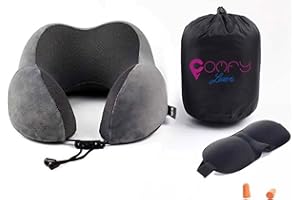 Coussin de voyage (avion, voiture) à mémoire de forme pour cou. Oreiller ergonomique bien être, détente, relaxation contre douleurs cervicales avec masque, bouchons oreilles, sac transport