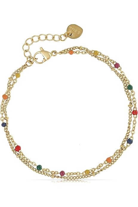 Bracelet Femme Pierre Naturelle Cristal Rose - Plaqué Or, Acier Inoxydable - Chaîne Extensible 17+4 Cm