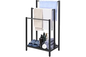 Shinoske Portasciugamani Autoportante, Organizzatore a 3 Livelli in Metallo per Asciugamani, Porta Asciugamani da Terra con ripiano portaoggetti, Accessori da Bagno, 43.5 x 28 x 82 cm, Nero