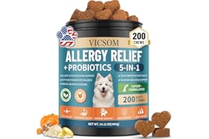 VICSOM Dog Allergy & Itchy Support Chews with Probiotics for Dogs Immune Support, Itchy Skin & Ears, Licking Paws, Dog Probiotics for Gut Health and itch relief, 200 Chews Chicken Flavor