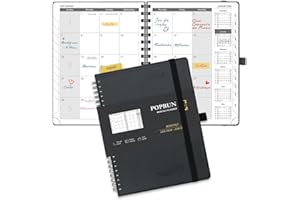 POPRUN Agenda 2024 2025 Mensuel Spirale 22 x 16,5cm - De jan. 2024 à juin 2025 avec Couverture Souple en PU Cuir, Poche pliable, Porte-stylo autocollant, Papier Certifié FSC®100 g/m² - Noir
