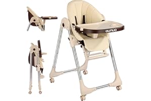OUNUO Trona para Bebe Evolutiva, Trona para bebés Plegable con bandeja extraíble, Tronas bebe Ajustable 5 Alturas, 4 ruedas, Beige
