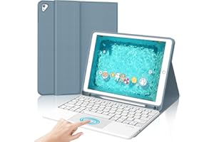 IVEOPPE Teclado para iPad 6/5 generacion 9.7"/Air 2/Air 1/Pro 9.7 con Touchpad, Funda Teclado Trackpad Español Ñ QWERTY Bluetooth Desmontable para iPad 2018, Azul grisáceo