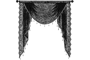 HPERU Cantonnière en dentelle noire élégante de 99 x 104 cm - Style vintage - Rideaux semi-transparents en dentelle gothique pour Halloween, chambre à coucher, salon