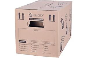MEA VITA Umzugskartons 10 Stück 2‑wellig, extra stabil bis 40 kg, 600 x 330 x 350 mm, recycelte Pappe, schnell aufbauend ohne Klebeband, moving boxes sowie archivbox mit verstärkten Tragegriffen | GreatVita