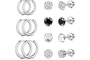 AVYRING 7 Pairs Stud Earrings for Women, 20G Cartilage Helix Flat Back Earrings with CZ, Daisy, Heart, Tassels, Hypoallergenic Surgical Steel Stackable Seepers Huggie Hoop Earrings for Women