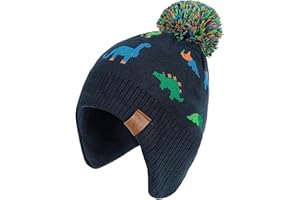 Malaxlx Baby Kids Pom Pom Beanie Hat Winter Warm Knitted Earflap Hat Fleece Lined Ski Skull Cap for 6 Months - 8 Years Boys Girls