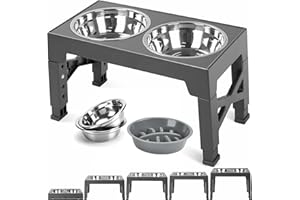 TUAHOO Raised Dog Bowl for Small Medium Large Dogs, 5 Height Adjustable Stand, Pet Feeder with 2 Stainless Steel Dishes &1 Slow Feeder Bowl, Dog feeding station