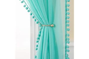 MIULEE 2er Set Vorhang Sheer mit Ösen mit Pompons Gardine aus Voile Polyester Ösenvorhang Transparent Wohnzimmer Luftig Dekoschal für Schlafzimmer 140 x 225cm (B x H) See Blau