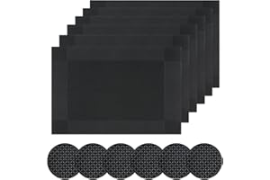 Famibay PVC Placemats with Coasters Set of 6 Heat Resistant Durable Vinyl Table Mats Sets for Home Kitchen Decoration(Black 6 and coasters)