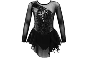 dPois Robe de Patinage Artistique Enfant Fille Robe de Danse Classique Manches Longues Paillettes Brillants Justaucorps Gymnastique Gym Ballet 4-14 Ans