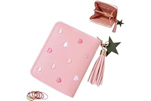 GENERIC Girls Purse, Cute Slim Short Small Kids Wallet with Embroidery Hearts, PU Leather Ladies Purse with Tassel Zipper for Teens Girls Women (Pink)