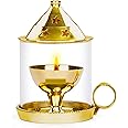 Casa illuminate Medium Size Brass Akhand Aarti Diya for Puja with Handle & Glass Cover - 6 inches Mandir Decoration Diyas , Pooja Oil Camphor Jyoti Lamp - Gold & White