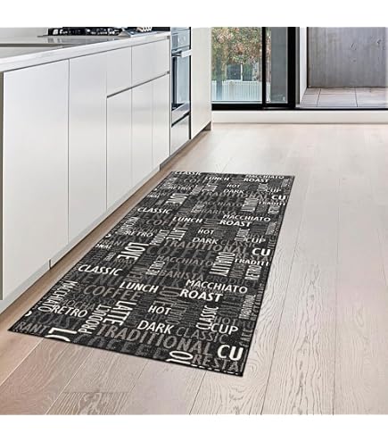 Runner da cucina nero con supporto in gel e scritte in