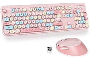 SOLIDEE Combo de ratón y Teclado inalámbricos,104 Teclas Teclado Estilo máquina de Escribir,2.4GHz Teclado de Máquina de Escribir de Teclas Redondas con Teclado Numérico(Americano QWERTY)(Mixed Pink)