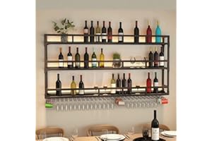 RAJYQODIS Botellero de Pared Industrial, Botellero de Metal con Portavasos 3 Niveles, estantes flotantes de la Unidad de Barra, decoración para el hogar, Bar (Noir, 150cm)