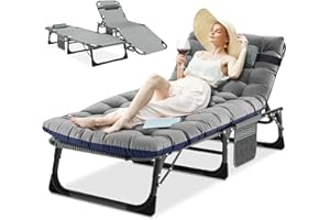 Ryuhic Chaise longue pliante avec matelas - Grande chaise de jardin pliante avec poche latérale et appuie-tête - Lit de camping pliable pour l'extérieur et l'intérieur