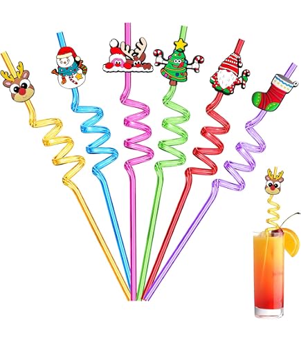 24 Pailles De Noël Réutilisables - 8 Styles (Père Noël, Bonhomme De Neige...) - Longueur 27 Cm - Plastique PET