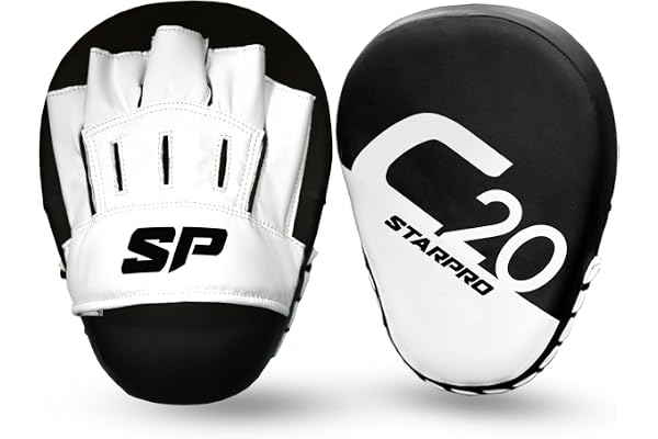 Starpro C20 Pattes d'ours Boxe Incurvé en Cuir Synthétique pour Hook'n'Jab et Coaching en Boxe, MMA, Kickboxing, Arts Martiaux, Muay Thaï et Entraînement - Noir et Blanc