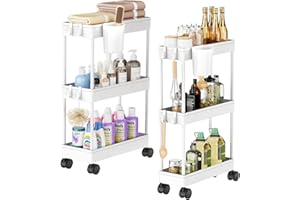 Shrivee Pack of 2 Carrito Auxiliar Baño con Ruedas 3 Niveles Ahorro de Espacio Carro Organizador con Ganchos y Tazas de Cocina Oficina (Blanco)